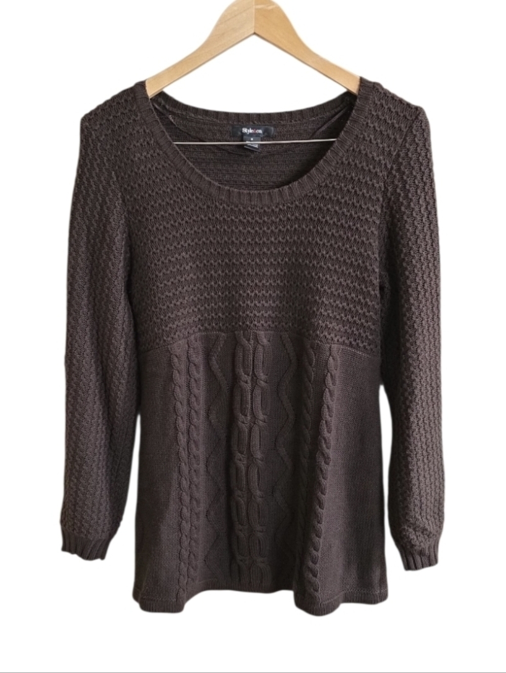 Style & Co Dark Brown Cable Knit Crewneck Y2K Style Babydoll Sweater. SZ Medium